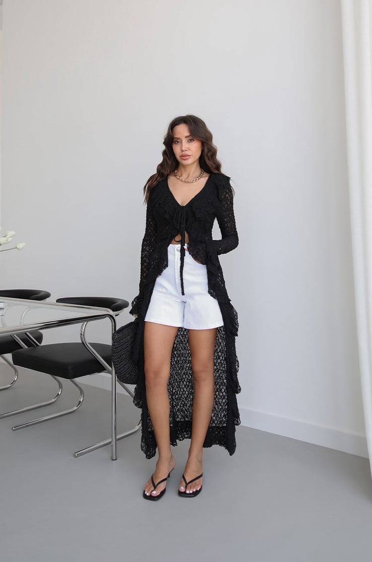 Siyah Fırfırlı Dantel Kimono