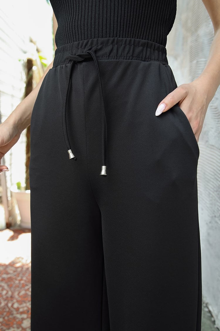 Siyah Bol Paça Beli İpli Pantolon