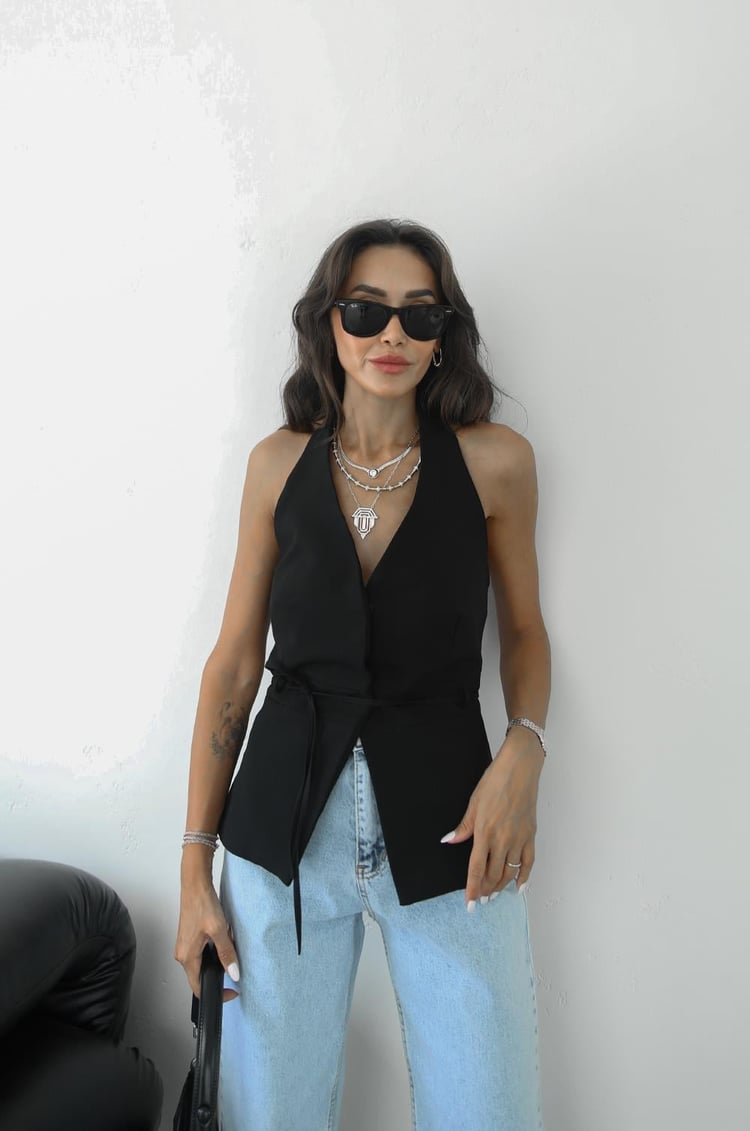 Siyah Çıt Çıtlı İpli Bluz