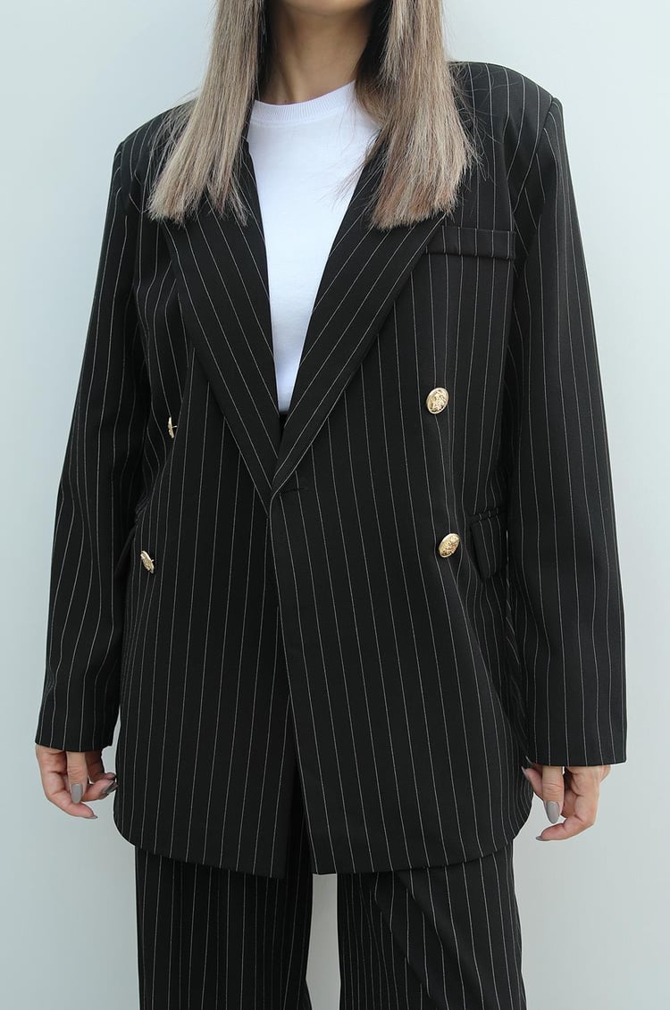 Siyah Çizgili Gold Düğmeli Blazer Ceket