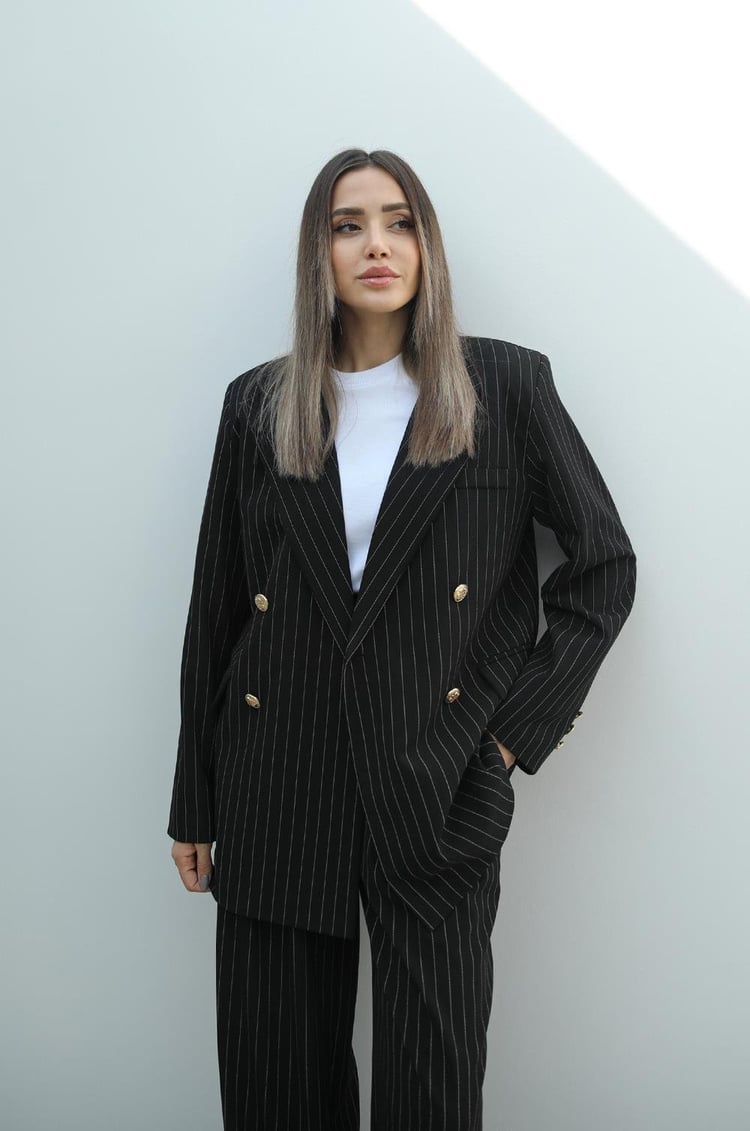 Siyah Çizgili Gold Düğmeli Blazer Ceket