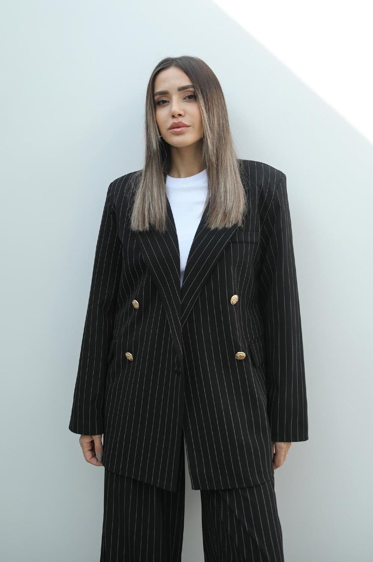Siyah Çizgili Gold Düğmeli Blazer Ceket