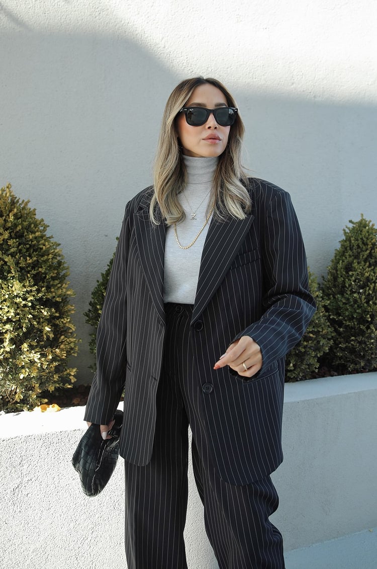 Siyah Çizgili Palazzo Pantolon Blazer Takım