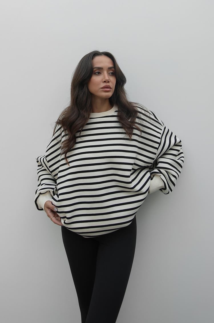 Siyah Çizgili Şardonlu Oversize Sweatshirt