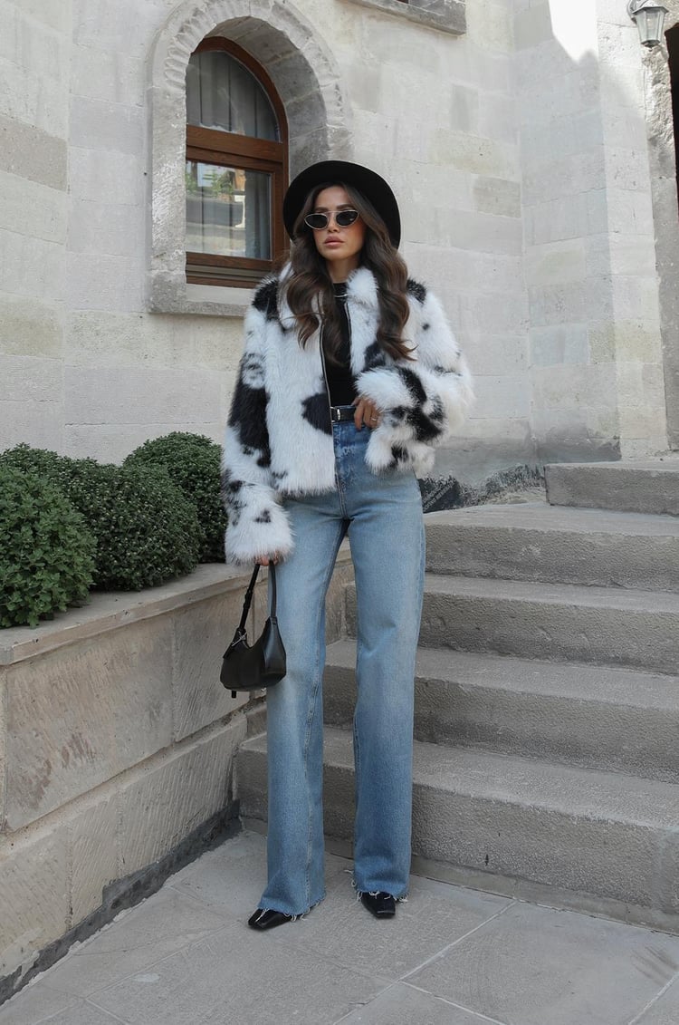Siyah Cow Print Suni Kürk Ceket