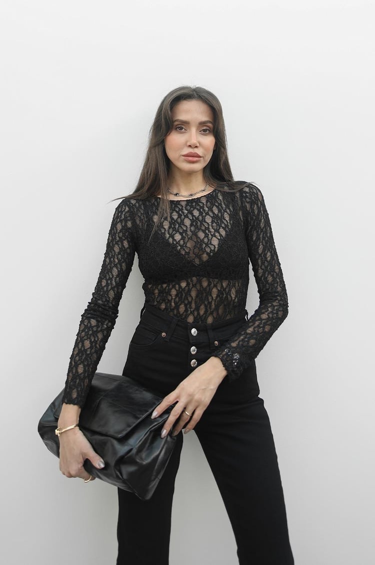 Siyah Dantel Transaparan Bluz