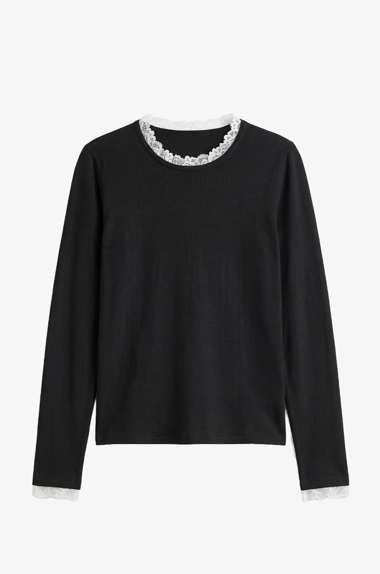 Siyah Dantelli Long Sleeve Triko Bluz
