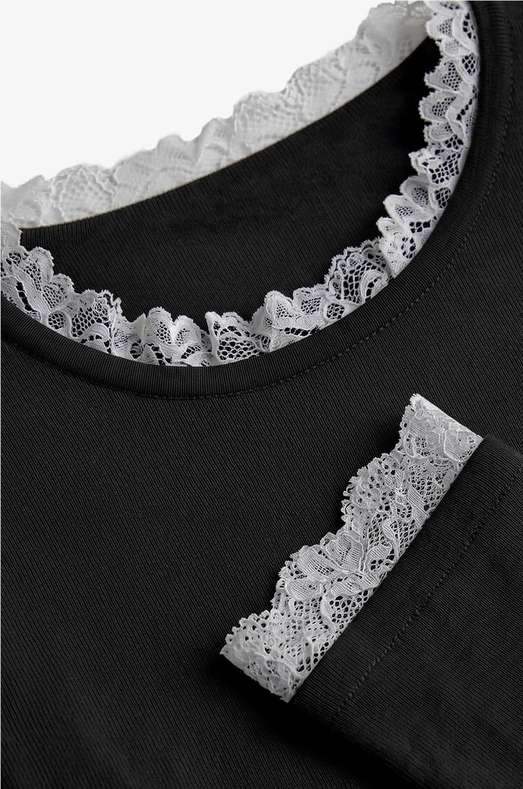 Siyah Dantelli Long Sleeve Triko Bluz
