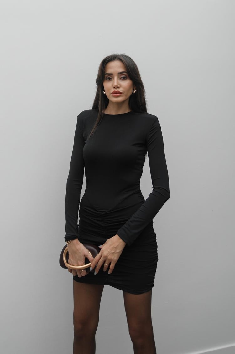Siyah Eliza Drapeli Vatkalı Elbise
