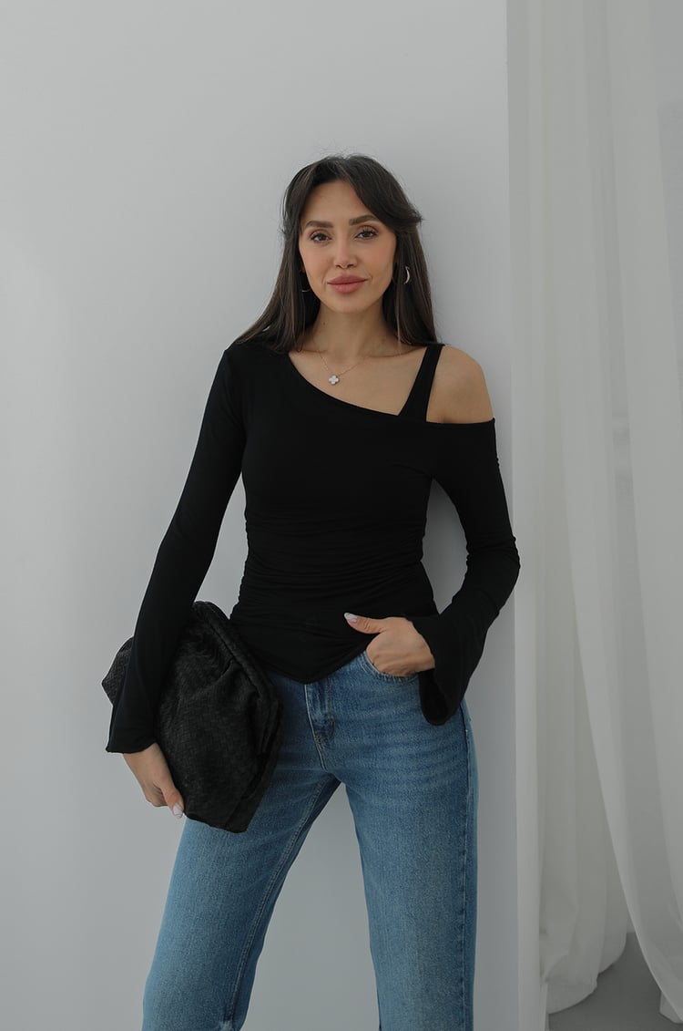 Siyah Fallon Asimetrik Bluz Atlet İkili Takım