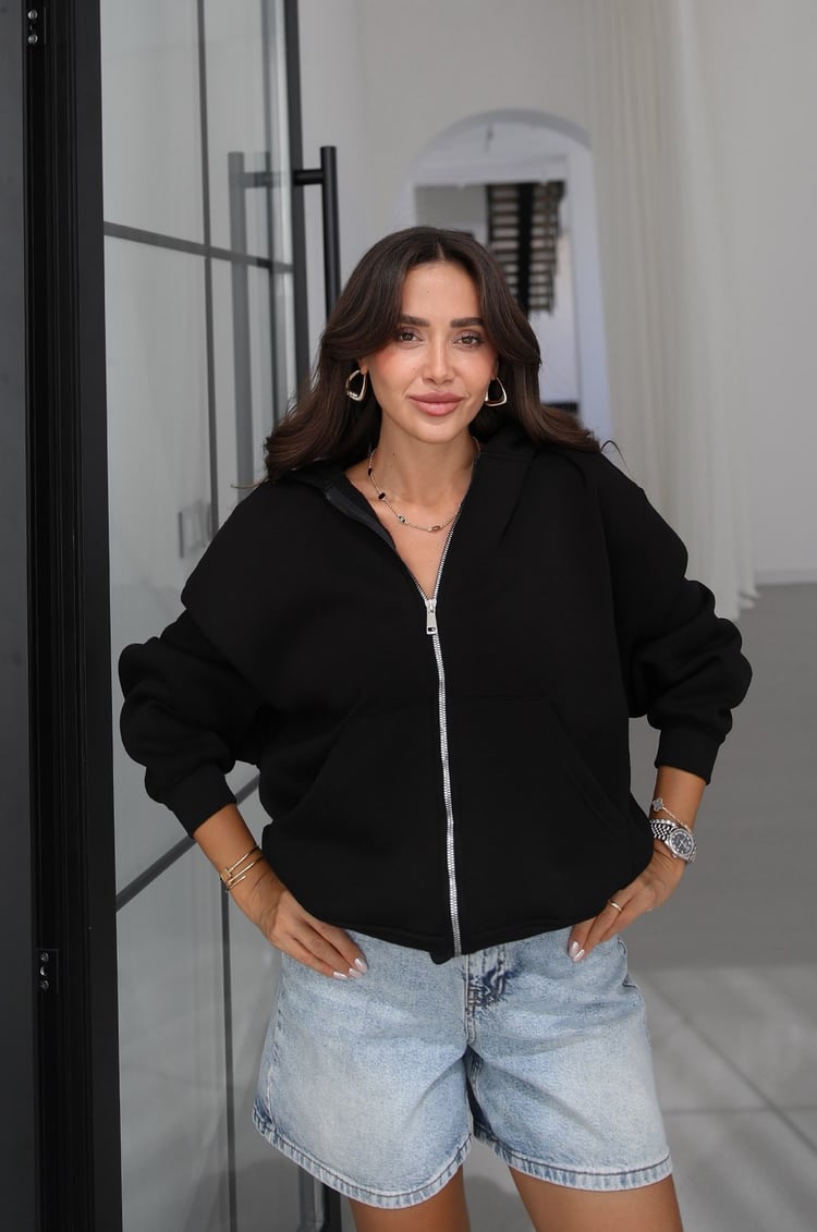 Siyah Fermuarlı Kapüşonlu Sweatshirt