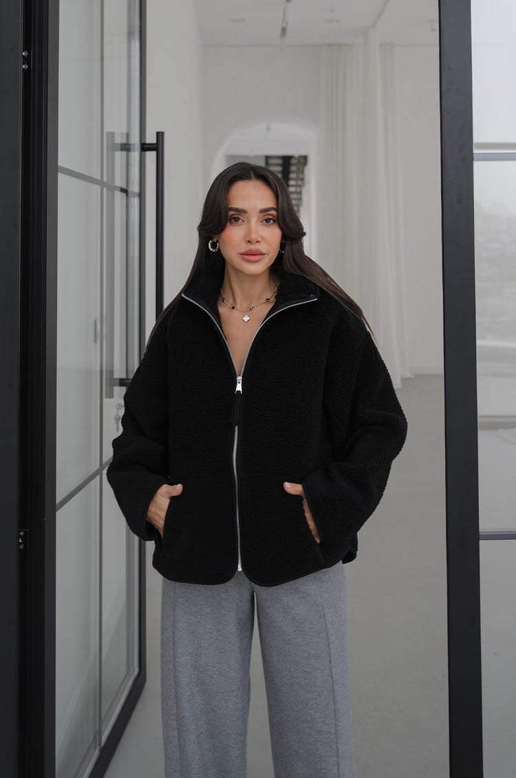 Siyah Fermuarlı Polar Ceket