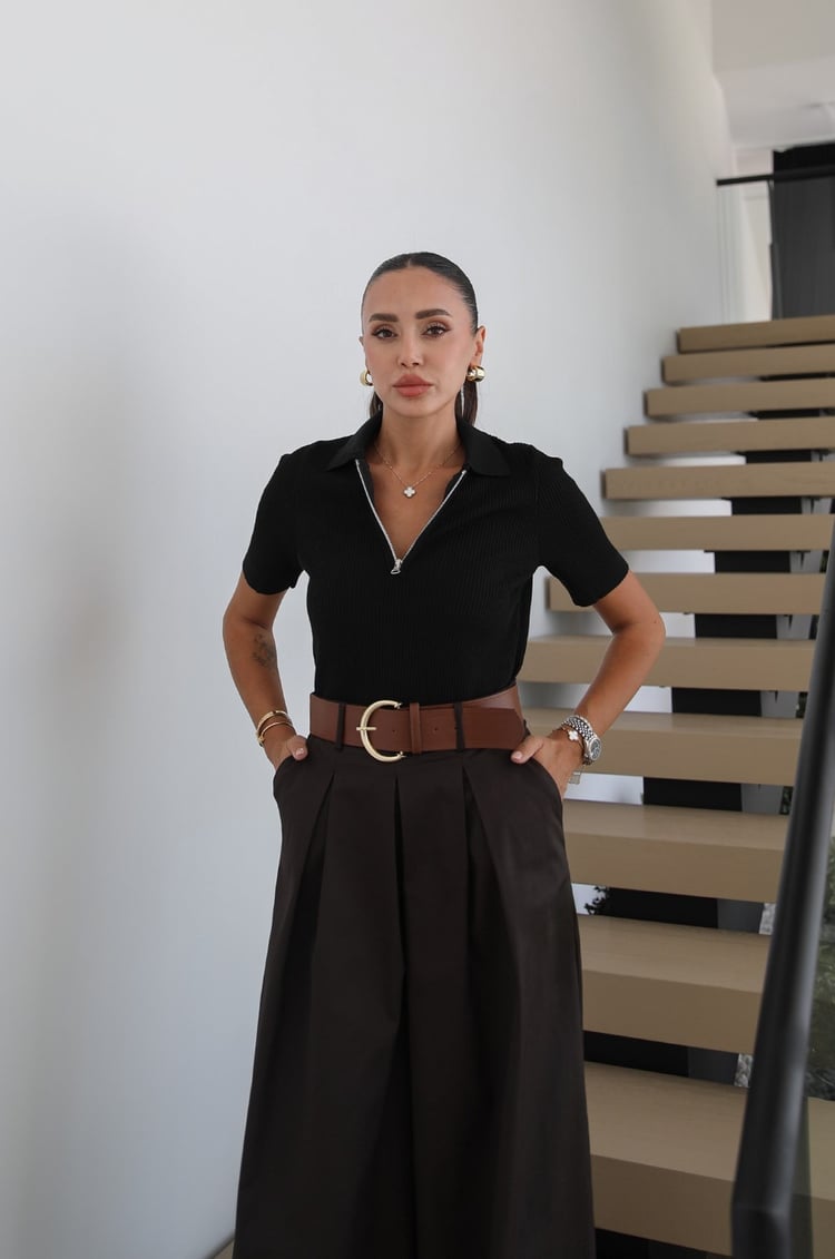Siyah Fermuarlı Polo Yaka Triko Bluz