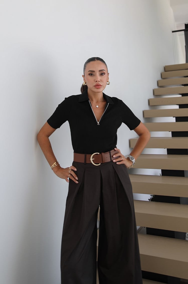 Siyah Fermuarlı Polo Yaka Triko Bluz