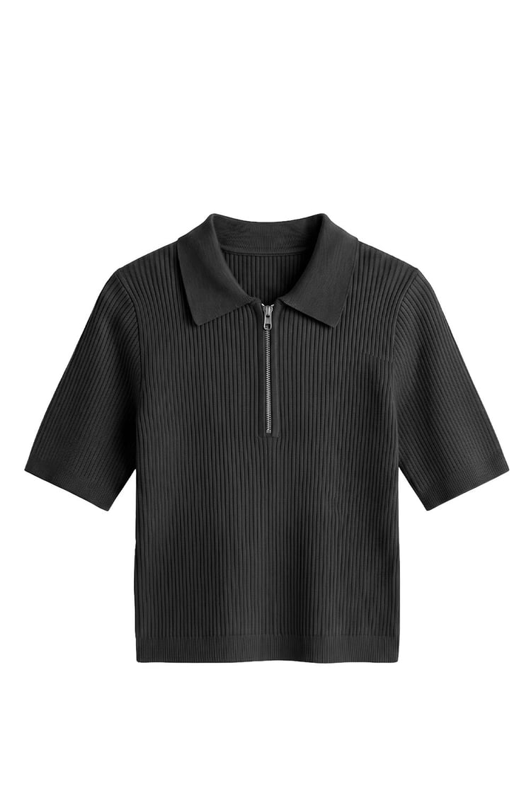 Siyah Fermuarlı Polo Yaka Triko Bluz