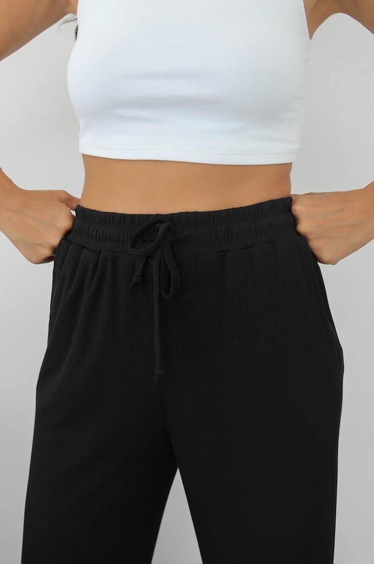 Siyah Fitilli Beli Lastikli Pantolon