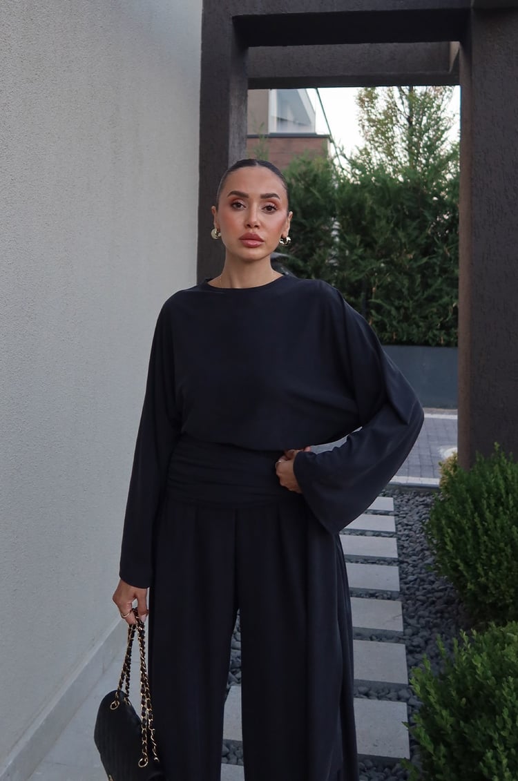 Siyah Flowing Beli Şallı Bluz Pantolon Takım