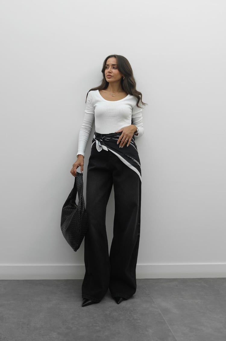 Siyah Fularlı Wide Leg Jean