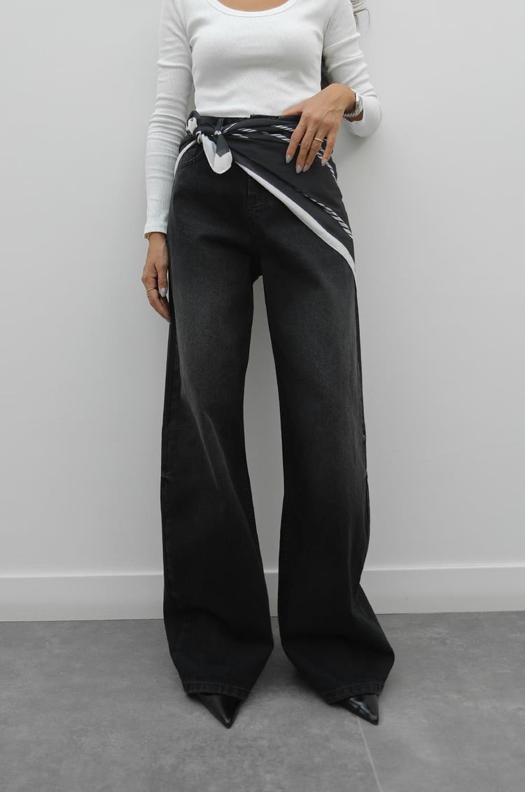 Siyah Fularlı Wide Leg Jean