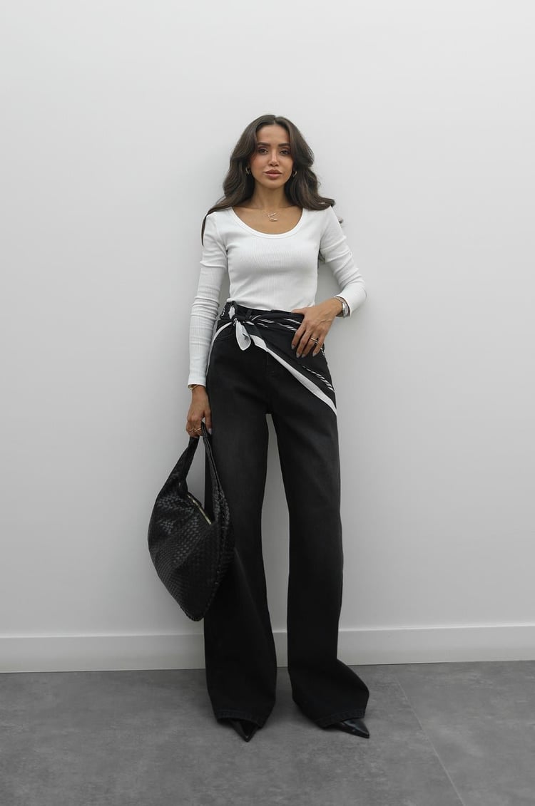 Siyah Fularlı Wide Leg Jean