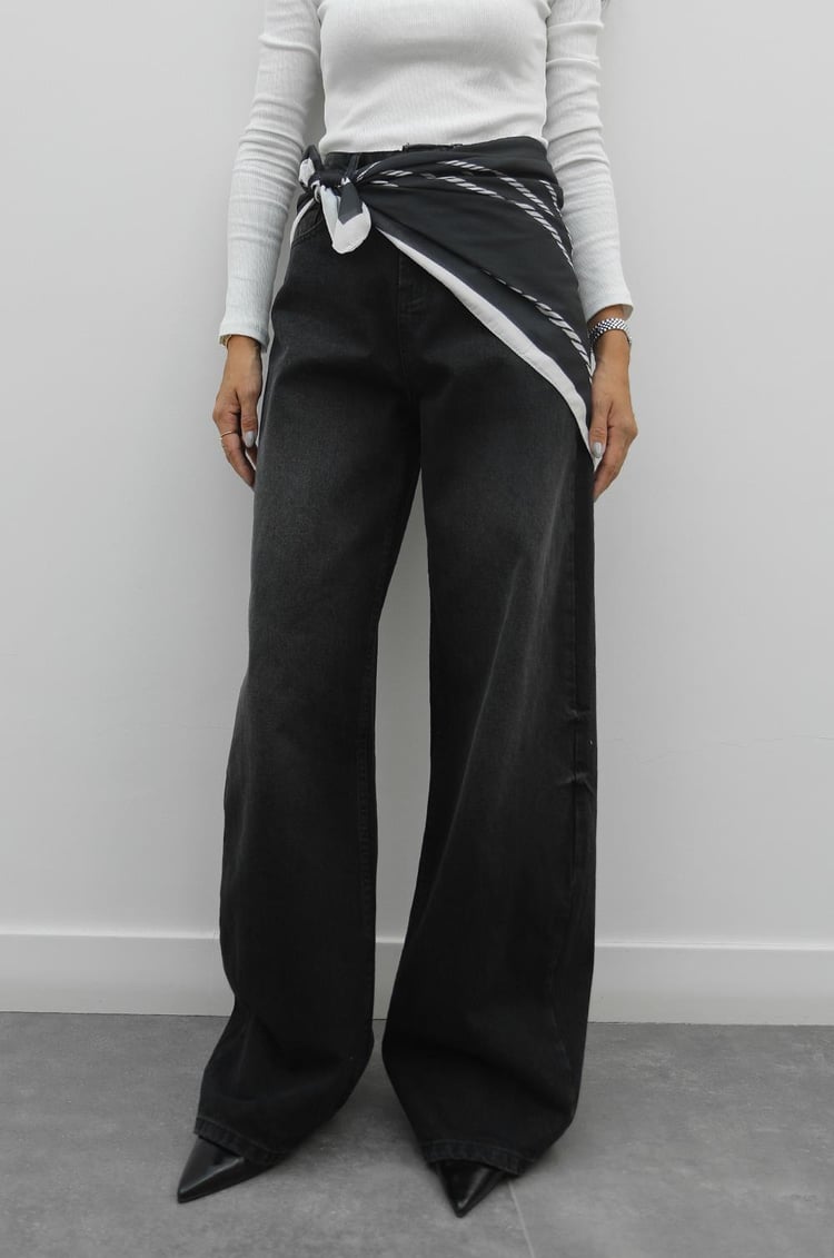 Siyah Fularlı Wide Leg Jean
