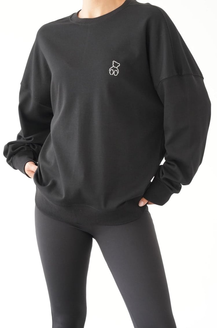 Siyah Göğüsü Mini Taşlı Sweatshirt