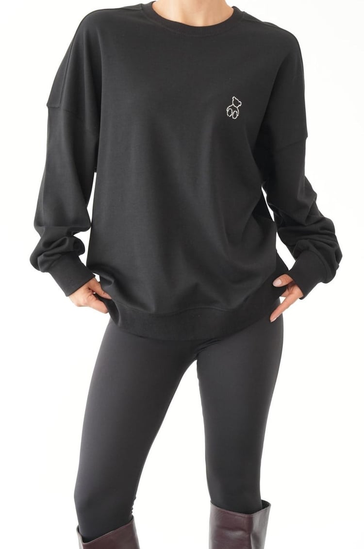 Siyah Göğüsü Mini Taşlı Sweatshirt