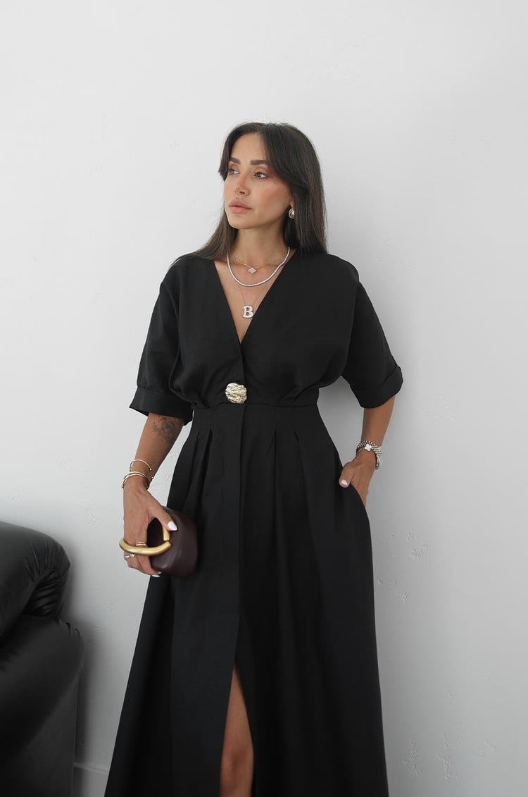 Siyah Gold Aksesuarlı Ham Keten Elbise