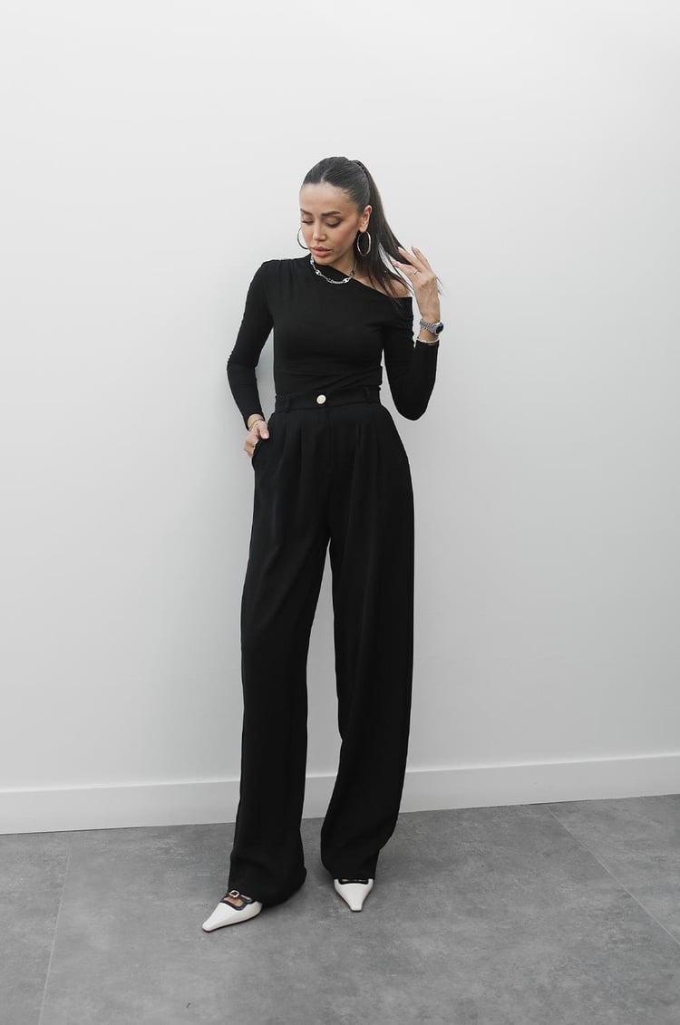 Siyah Gold Düğme Detaylı Palazzo Pantolon