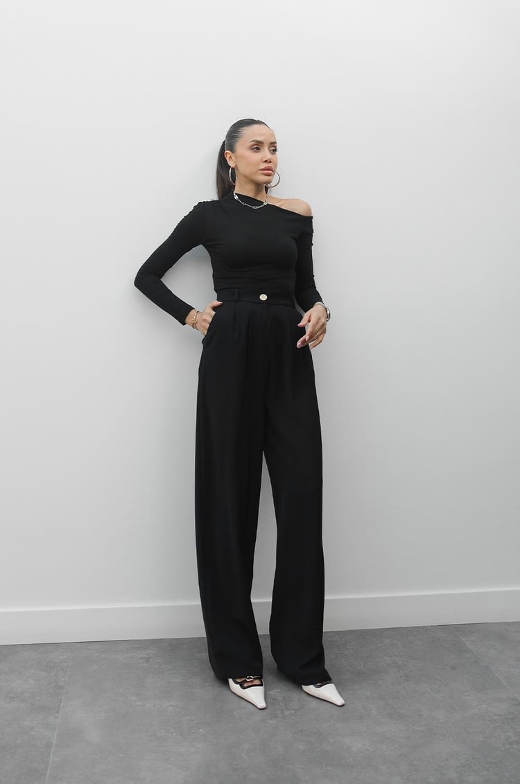 Siyah Gold Düğme Detaylı Palazzo Pantolon