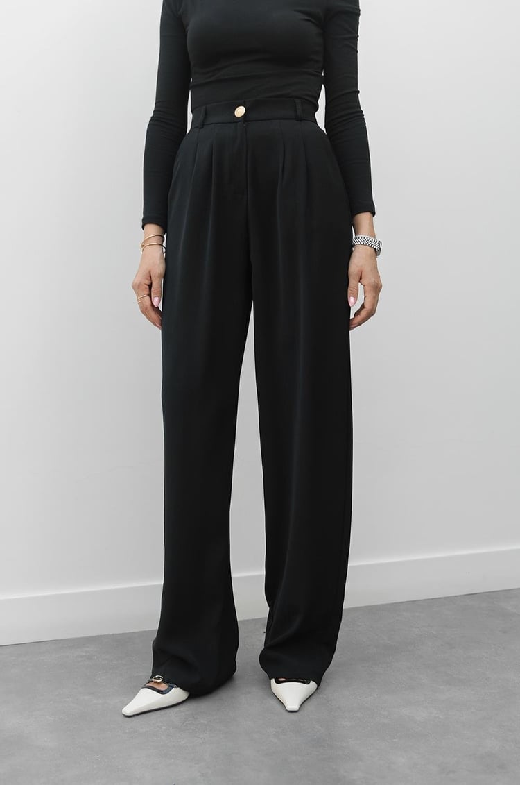 Siyah Gold Düğme Detaylı Palazzo Pantolon