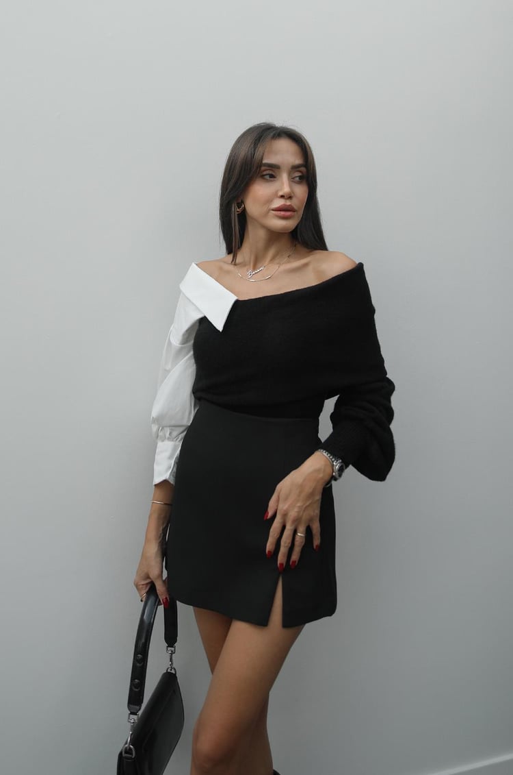 Siyah Gömlek Kol Detaylı Kazak