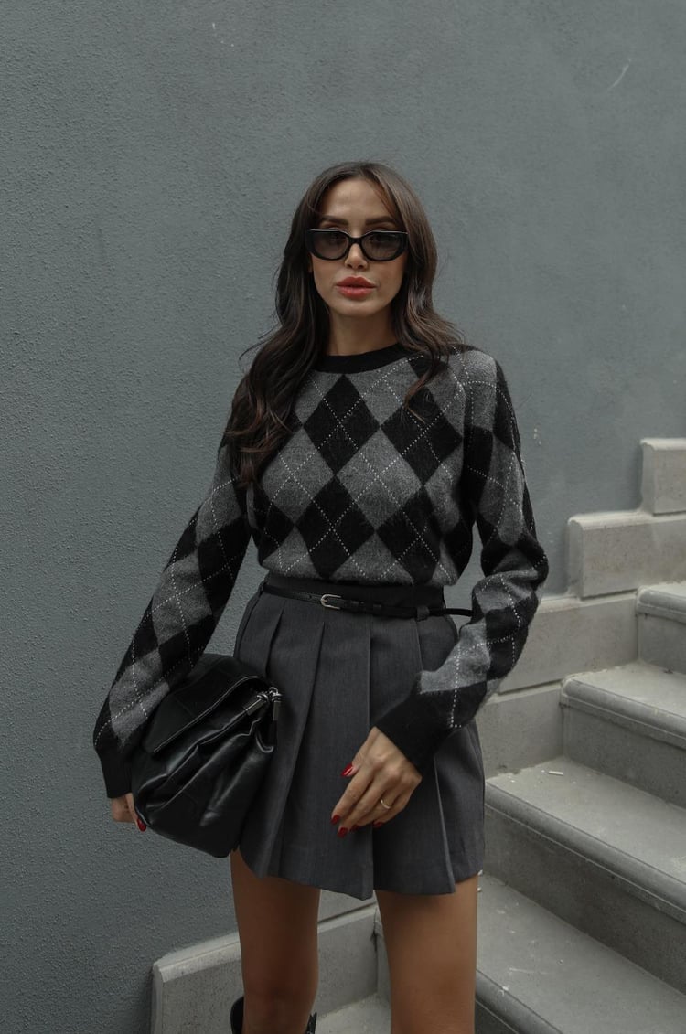 Siyah Gri Haley Baklava Desenli Kazak