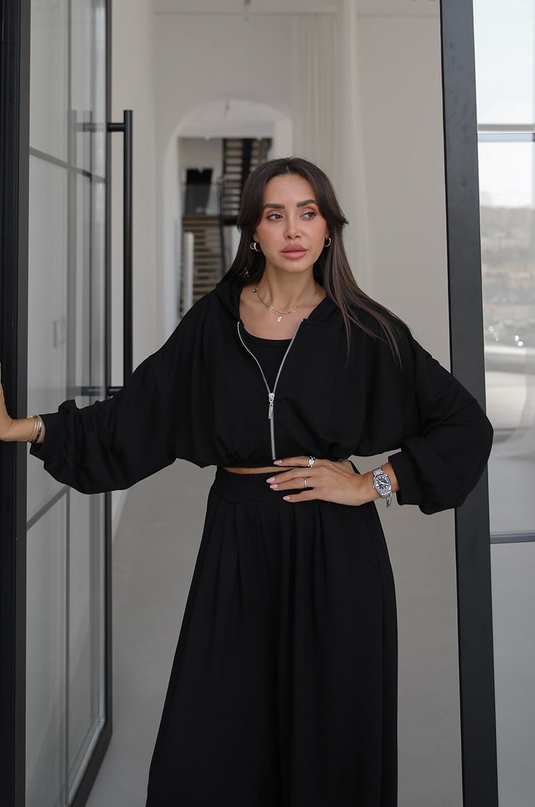 Siyah İp Büzgülü Sweat Atlet Pantolon Takım
