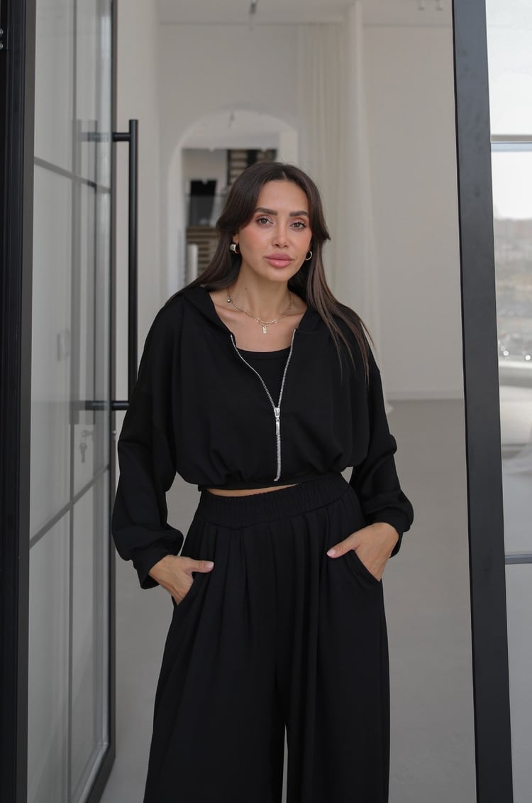 Siyah İp Büzgülü Sweat Atlet Pantolon Takım