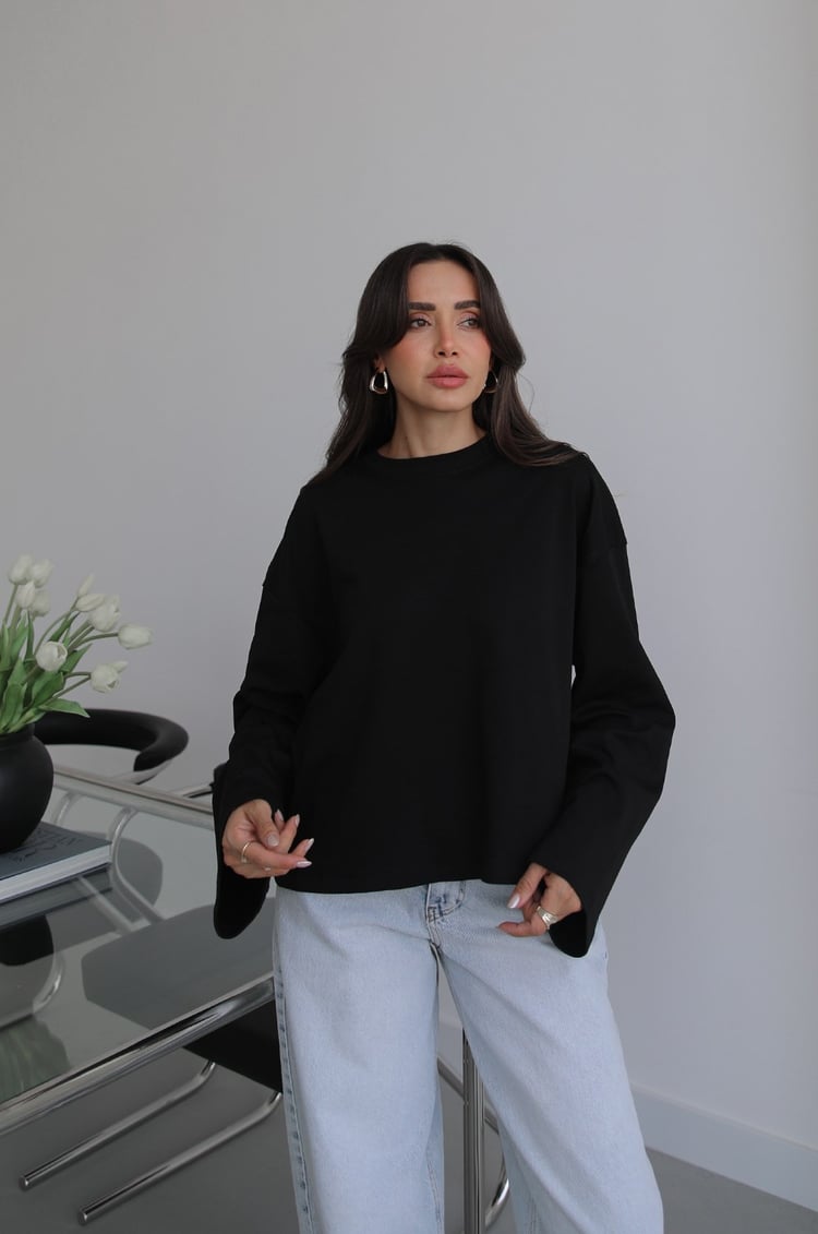 Siyah İspanyol Kol Basic Sweatshirt
