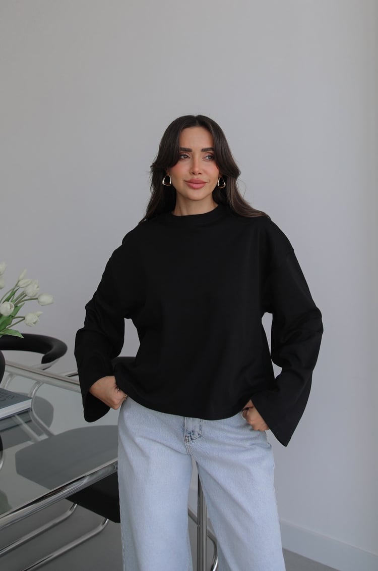 Siyah İspanyol Kol Basic Sweatshirt