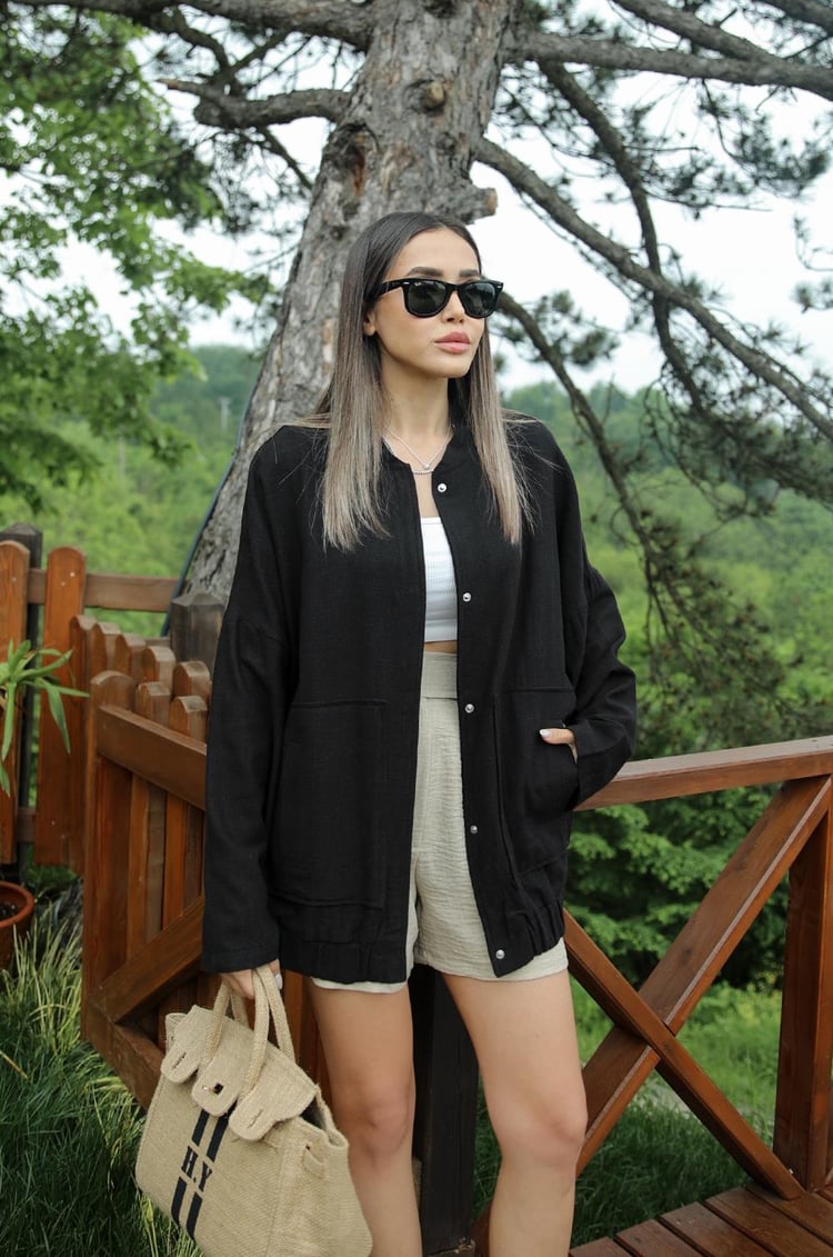 Siyah Keten Bomber Ceket