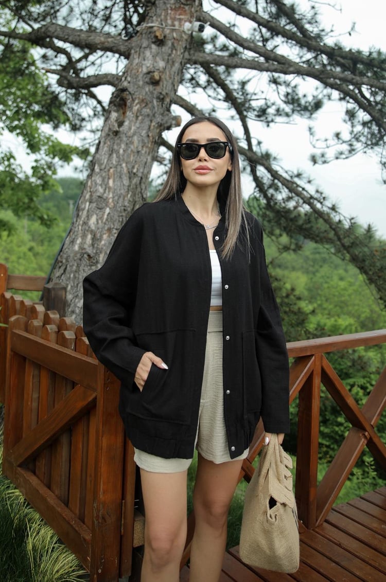 Siyah Keten Bomber Ceket
