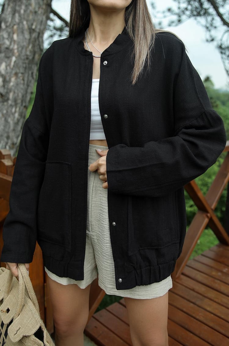 Siyah Keten Bomber Ceket