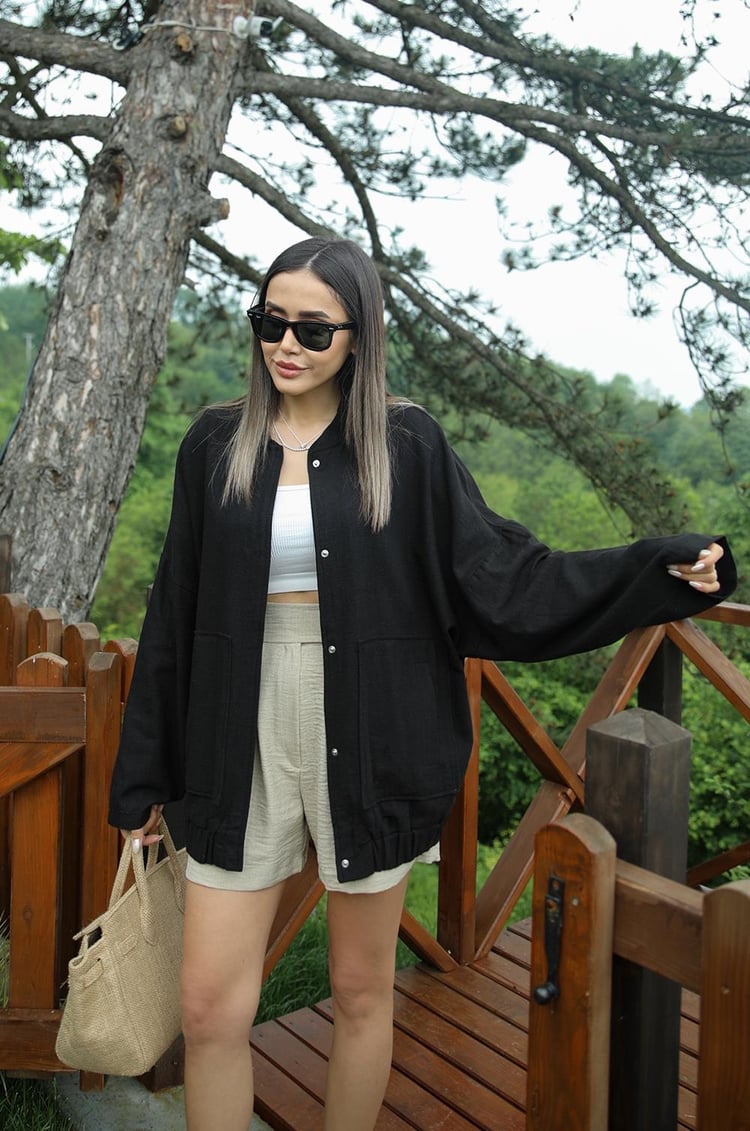 Siyah Keten Bomber Ceket