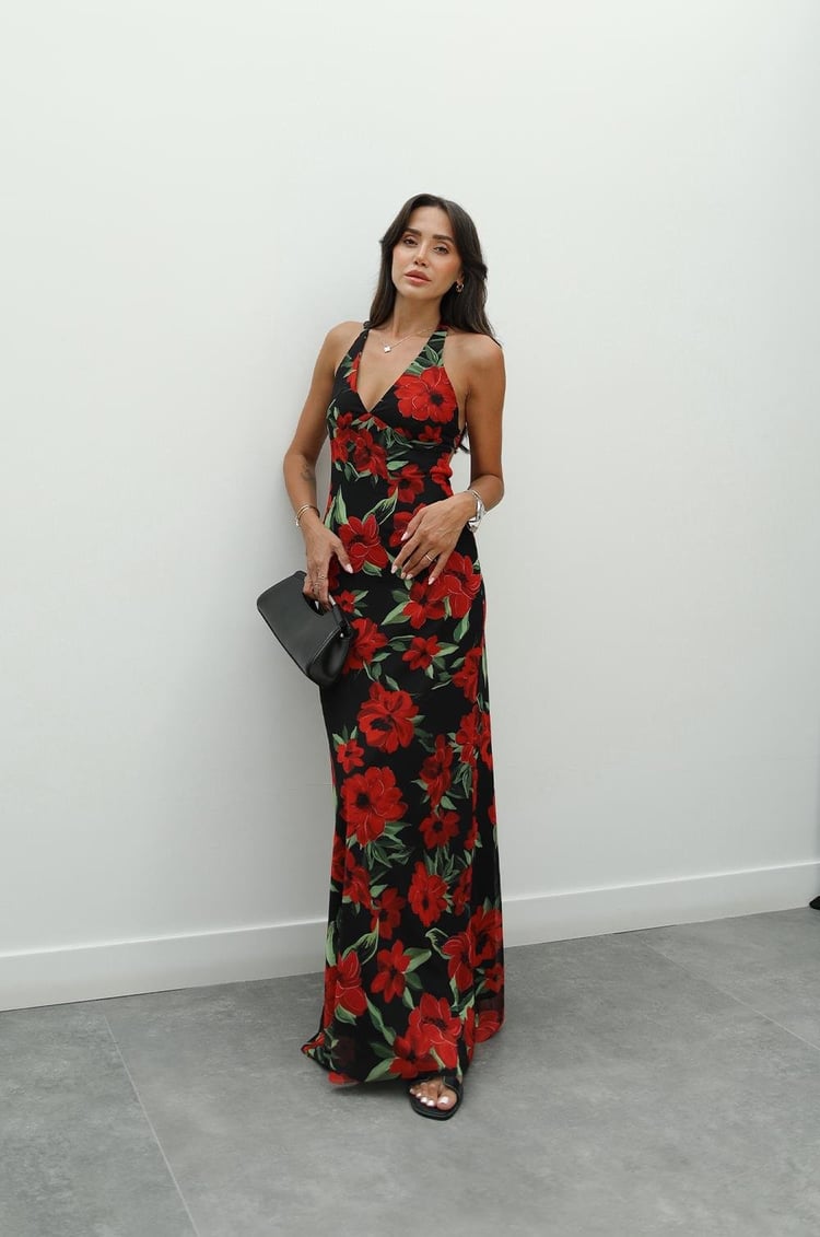 Siyah Kırmızı Çiçek Desenli Elbise