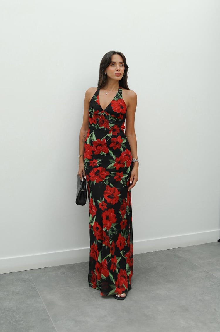 Siyah Kırmızı Çiçek Desenli Elbise