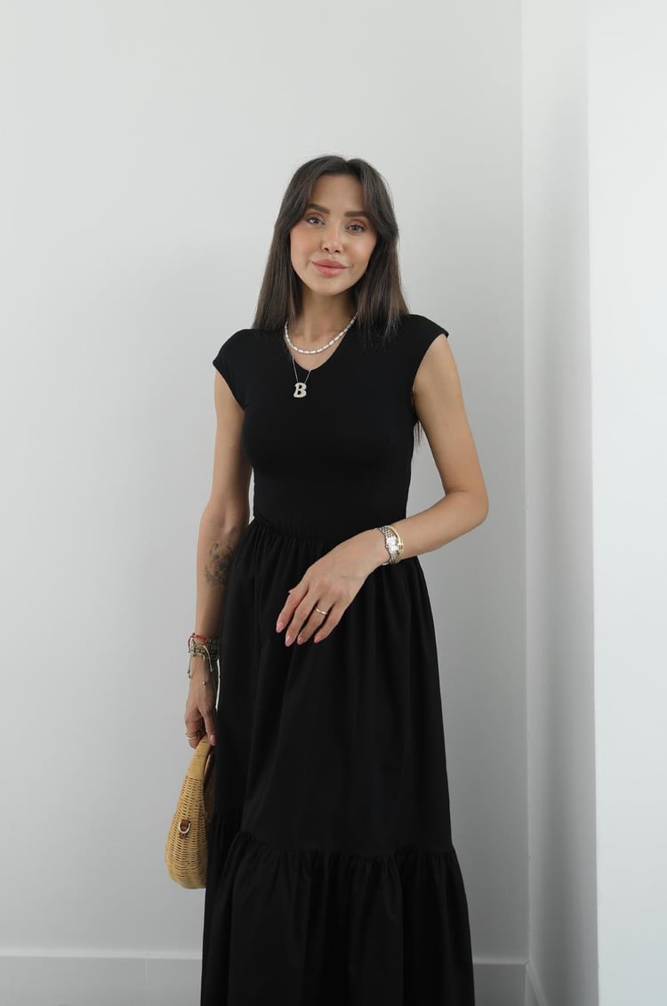 Siyah Kontrast A Kesim Elbise