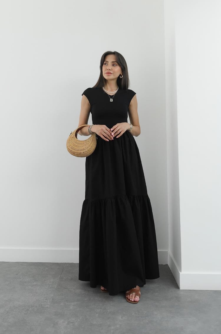 Siyah Kontrast A Kesim Elbise
