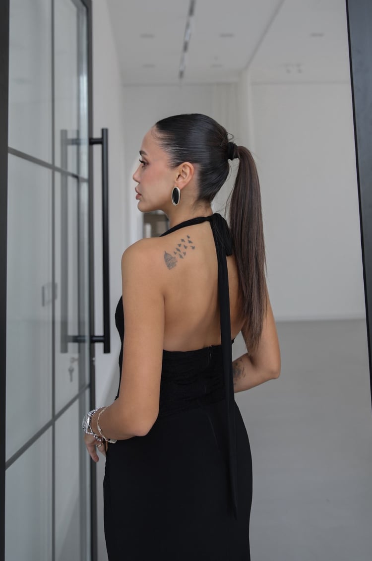 Siyah Lace Boyundan Bağlamalı Elbise