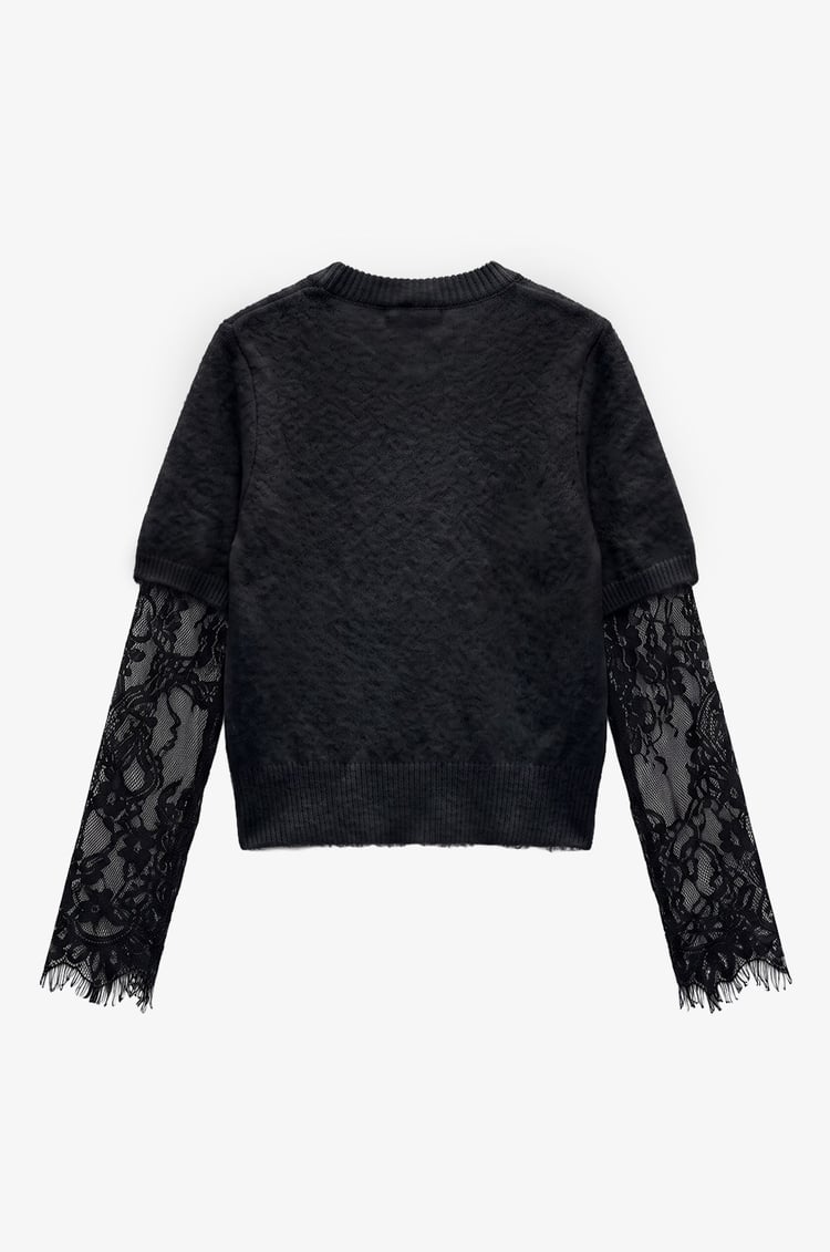 Siyah Lace Sleeve Kazak 