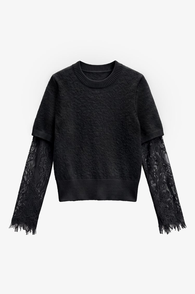 Siyah Lace Sleeve Kazak 