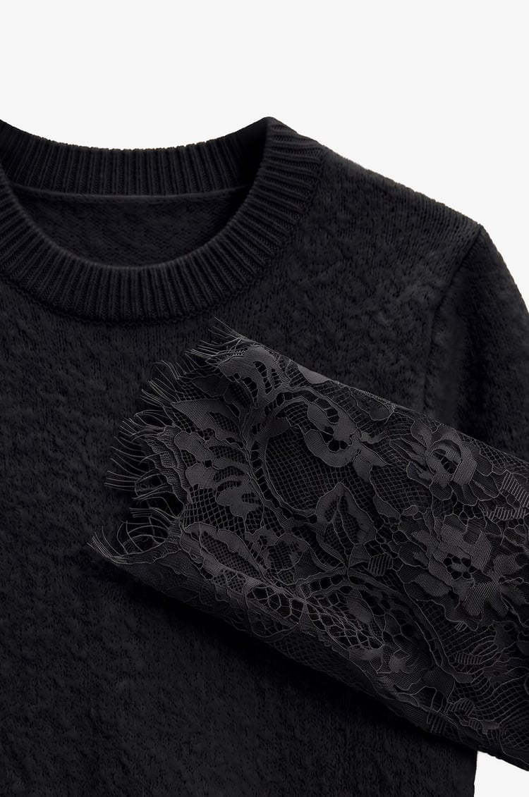 Siyah Lace Sleeve Kazak 