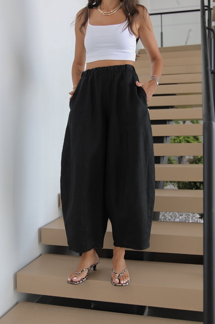 Siyah Linen Şalvar Pantolon
